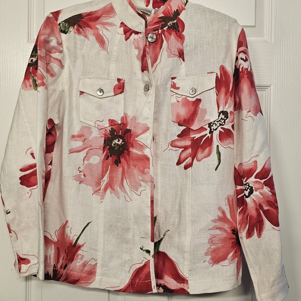 Chico's Floral Blazer Linen Size 2 in White and Red